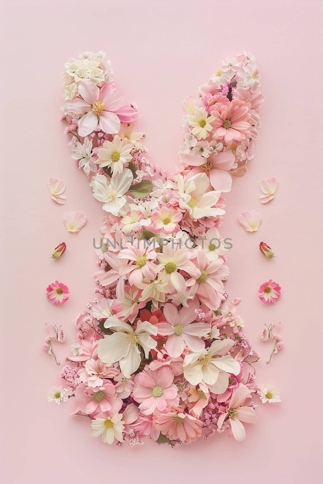 A delightful pastel background showcasing a bunny-shaped arrangement of various spring flowers, ideal for Easter promotions, springtime marketing, or creative floristry designs. Generative AI