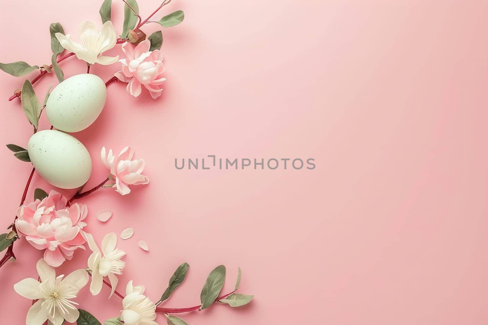 Pink Easter background with eggs, flowers and copy space for text. Soft, pastel colors. Tranquil and joyful scene. Perfect for holiday-themed designs, greeting cards. Generative AI