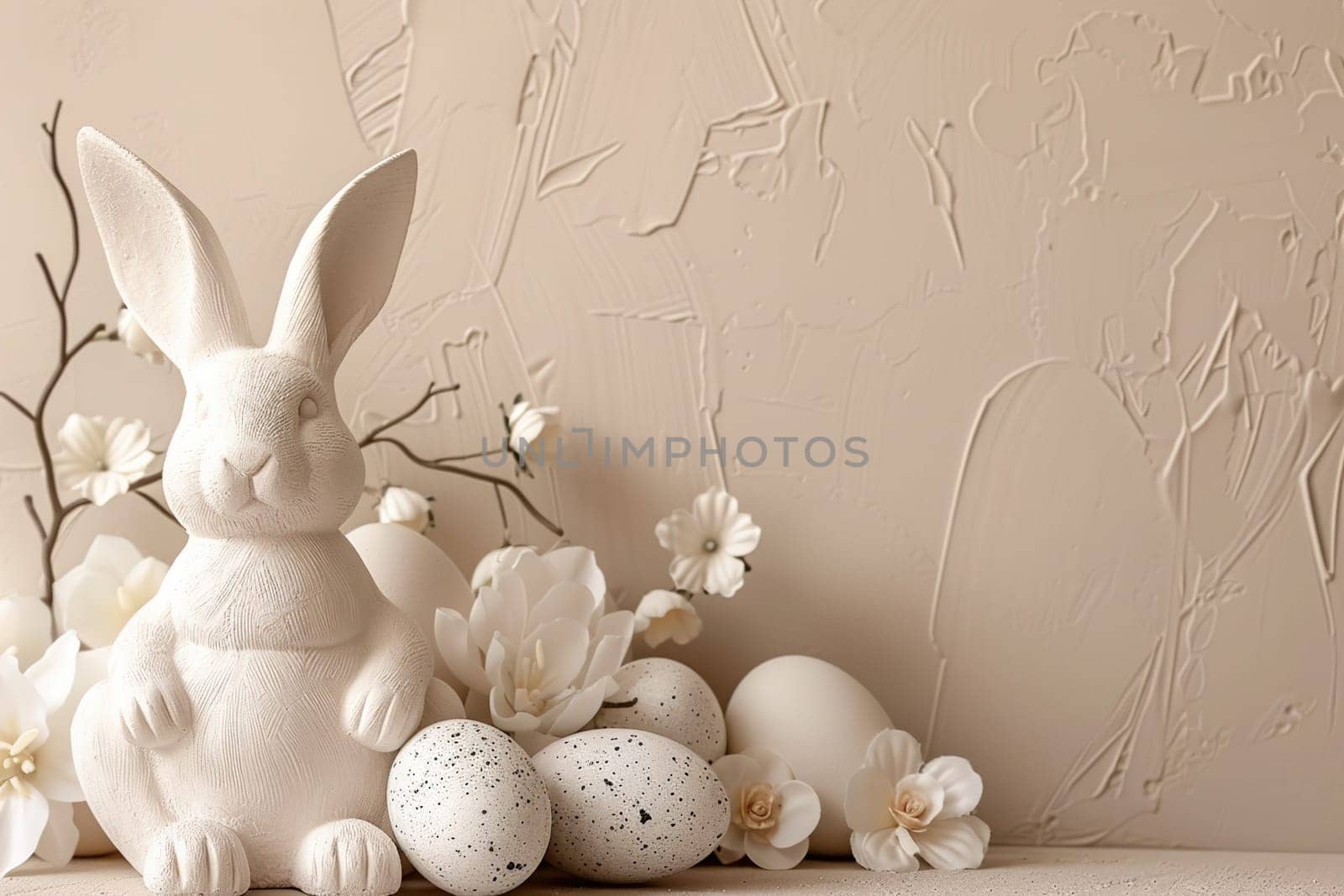 Natural Easter background with eggs, bunny, flowers and copy space for text. Soft, beige color. Perfect for spring themes, Easter content, and minimalist design projects. Greeting card. Generative AI
