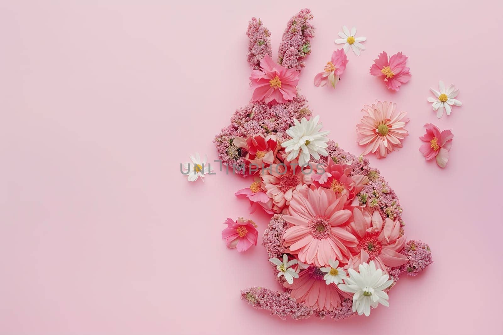 Pink Easter background with flowers, rabbit and copy space for text. Soft, pastel colors. Tranquil and joyful scene. Perfect for holiday-themed designs, greeting cards. Generative AI