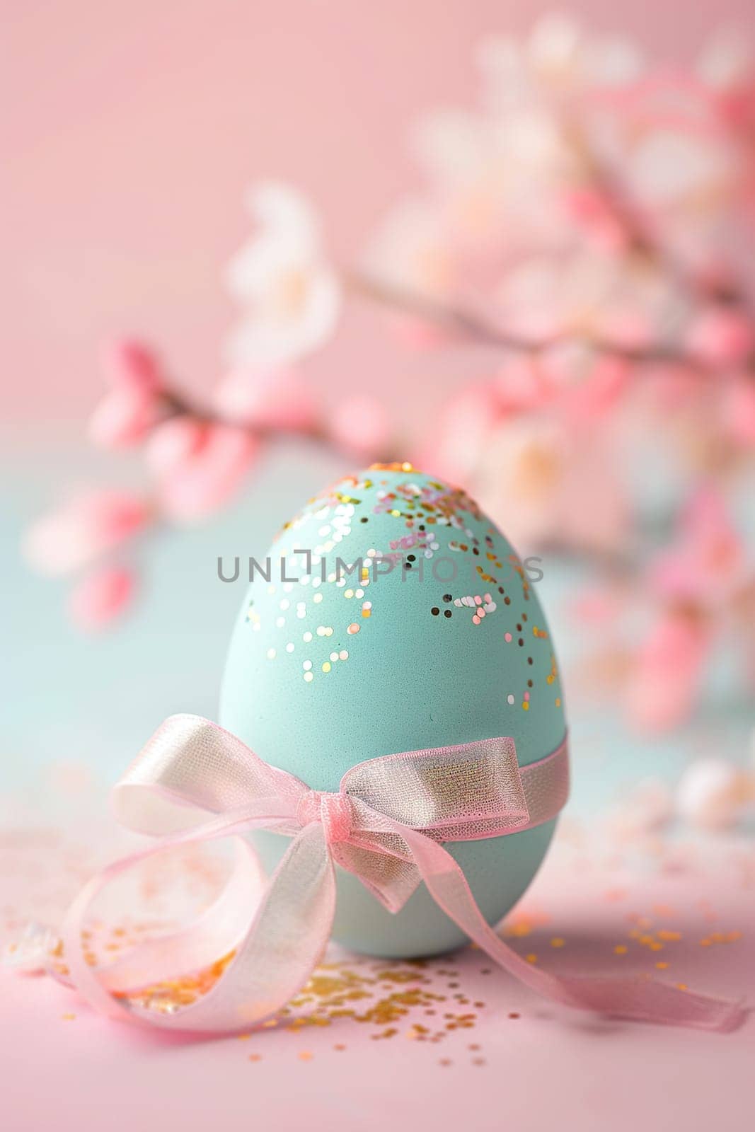 Enchanting Easter background with egg, ribbon, glitter and copy space for text. Soft pastel colors. Perfect for holiday-themed designs, greeting cards. Generative AI