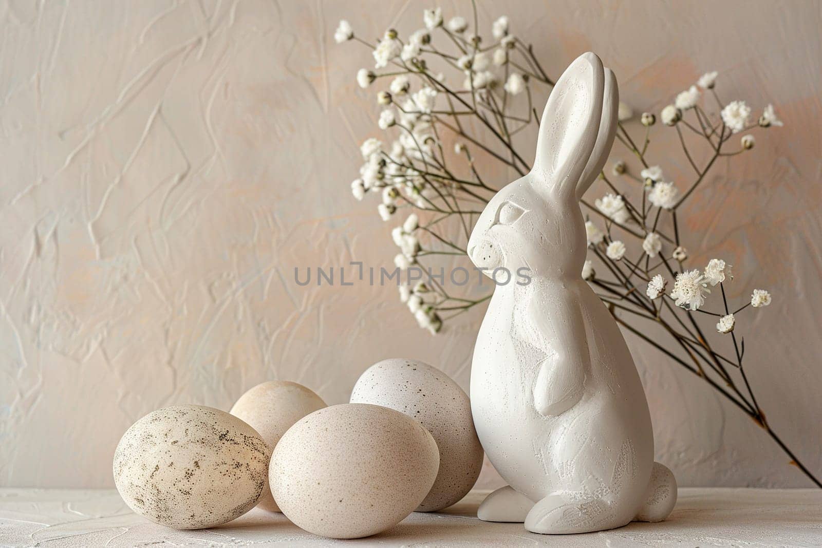 Natural Easter background with eggs, bunny, flowers and copy space for text. Soft, beige color. Perfect for spring themes, Easter content, and minimalist design projects. Greeting card. Generative AI