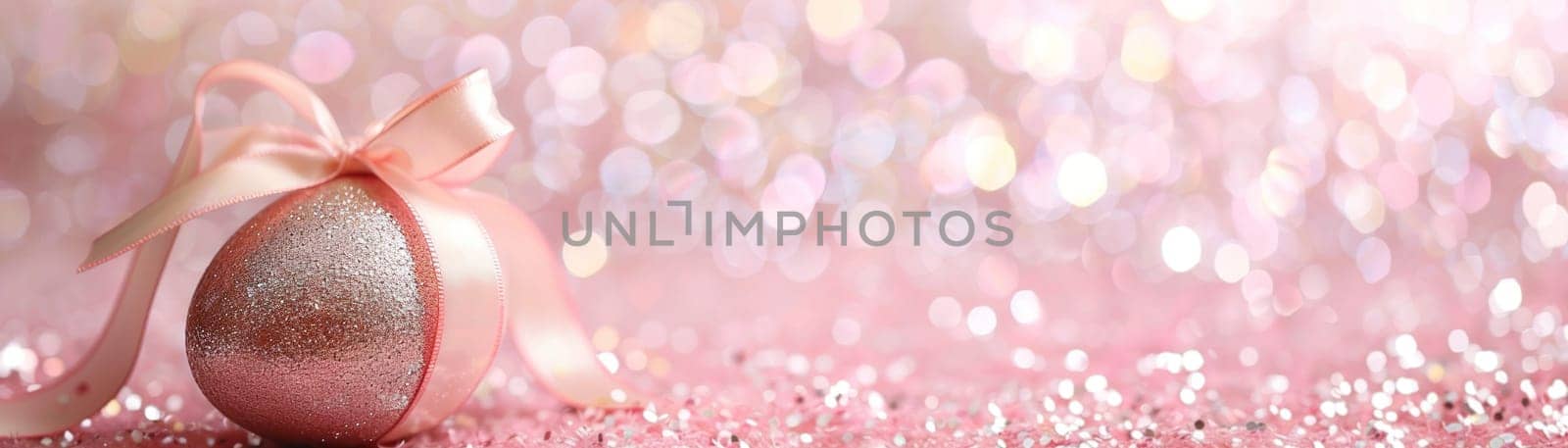 Enchanting Easter background with egg, ribbon, glitter and copy space for text. Soft pastel colors. Perfect for holiday-themed designs, greeting cards. Panoramic banner. Generative AI
