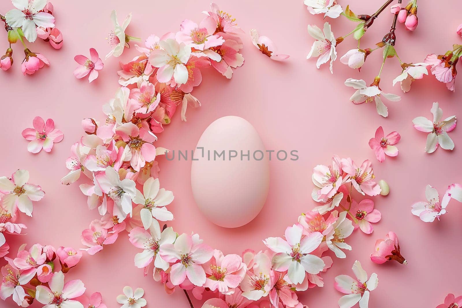 Celebrate the essence of spring with this enchanting Easter egg framed by a wreath of delicate cherry blossoms, perfect for seasonal marketing, greeting cards, or festive backgrounds. Generative AI