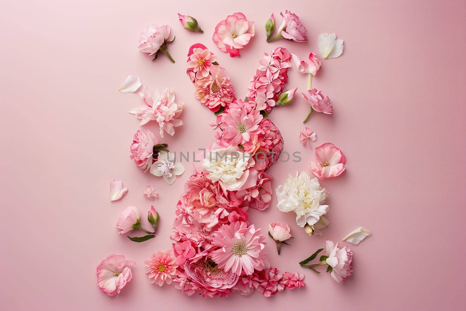 A delightful pastel background showcasing a bunny-shaped arrangement of various spring flowers, ideal for Easter promotions, springtime marketing, or creative floristry designs. Generative AI. by creativebird