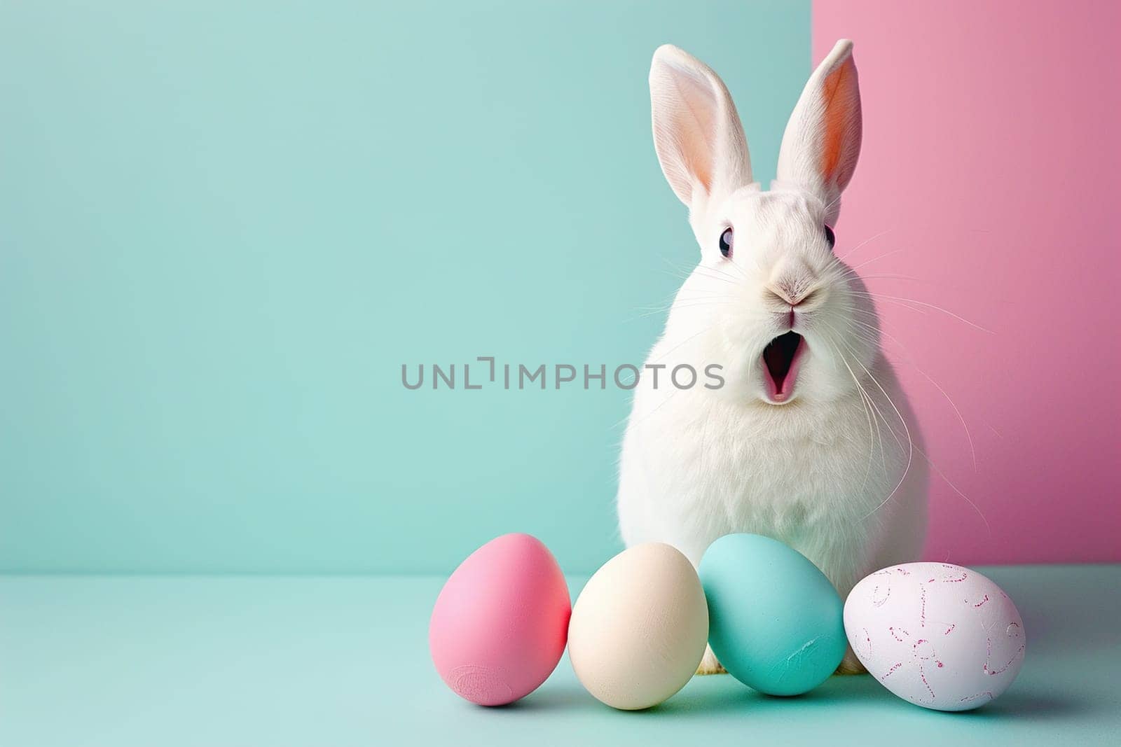 Surprised bunny against soft blue and pink background, perfect for Easter promotions. Copy space for text. Easter sale, discount. Generative AI. by creativebird