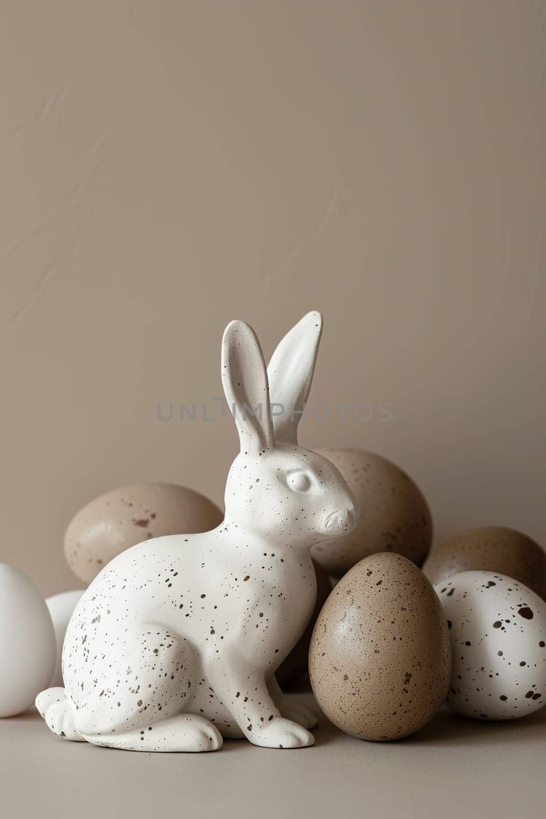 Natural Easter background with eggs, bunny and copy space for text. Soft, beige color. Perfect for spring themes, Easter content, and minimalist design projects. Greeting card. Generative AI
