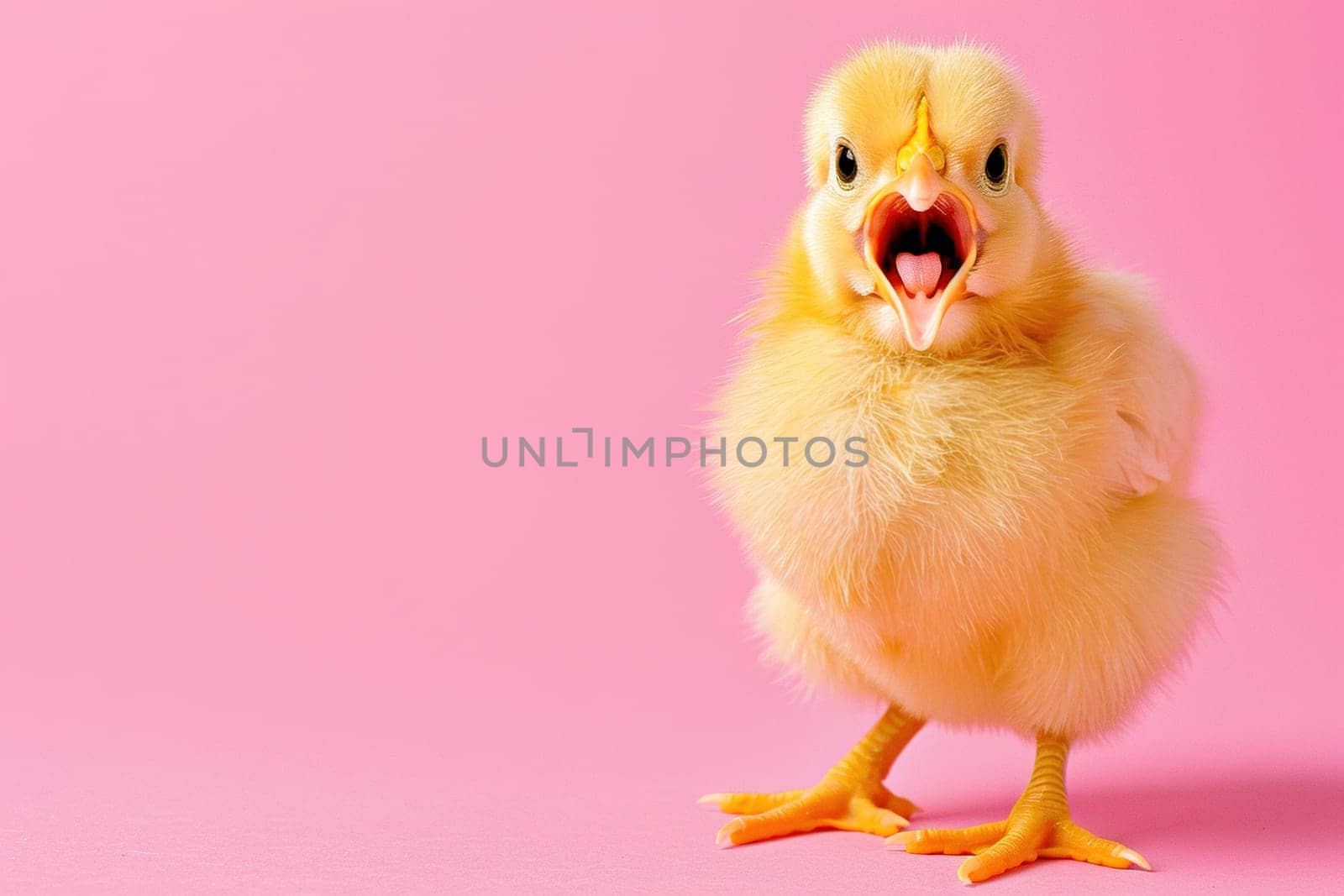 Cute, yellow chicken on soft pink background, ideal for Easter campaigns, pet supplies advertising, or as a cheerful spring graphic element. Copy space for text. Easter sale, discount. Generative AI. by creativebird