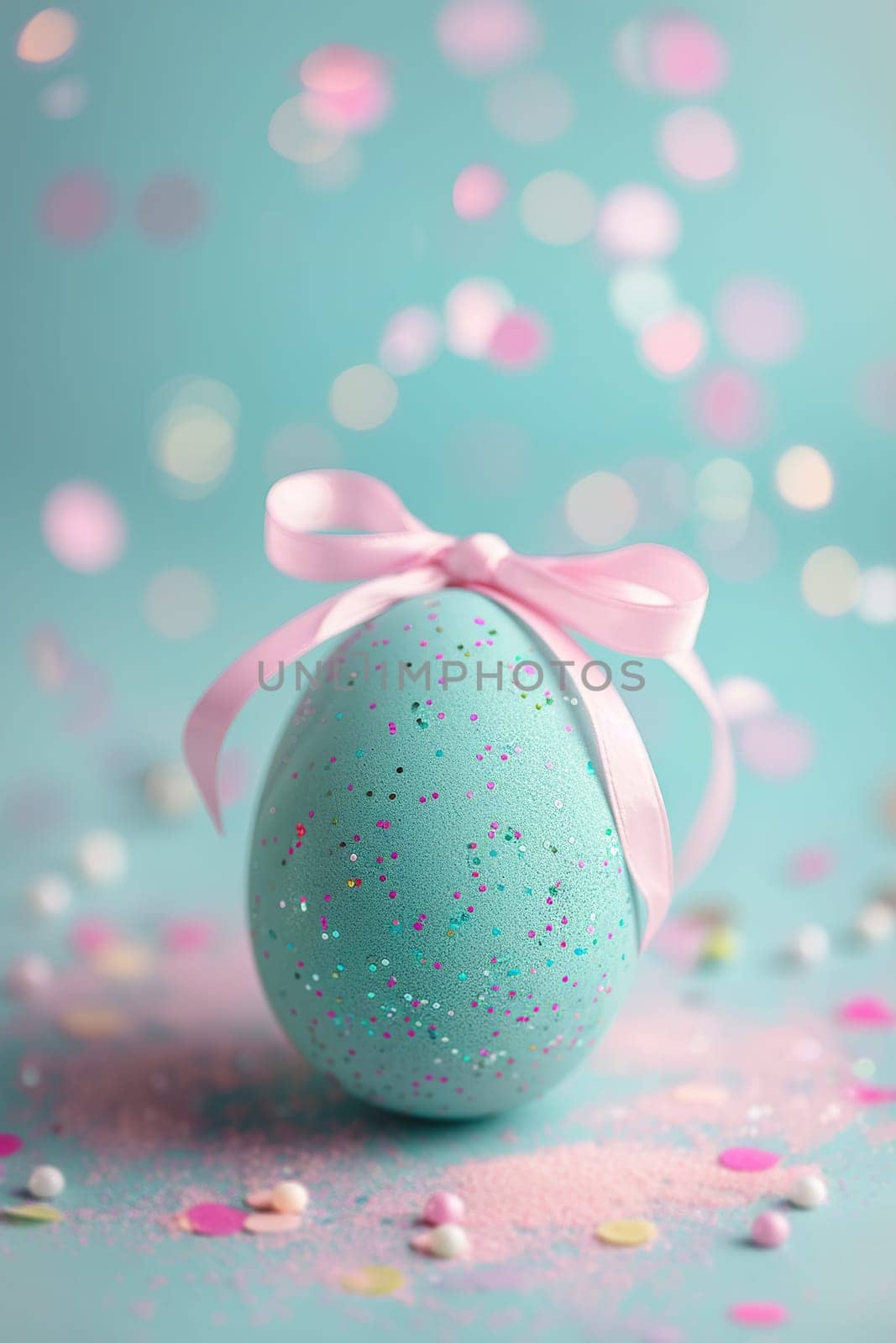 Enchanting Easter background with egg, ribbon, glitter and copy space for text. Soft pastel colors. Perfect for holiday-themed designs, greeting cards. Generative AI