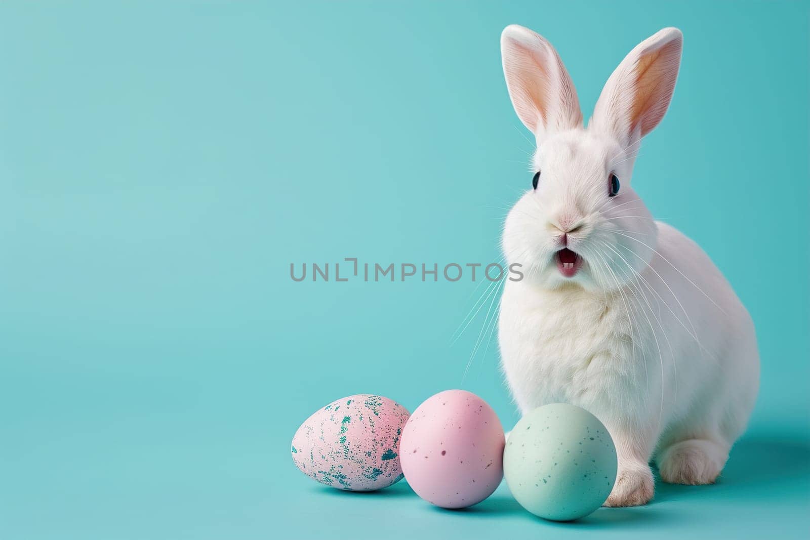 Surprised bunny against soft blue background, perfect for Easter promotions. Copy space for text. Easter sale, discount. Generative AI. by creativebird