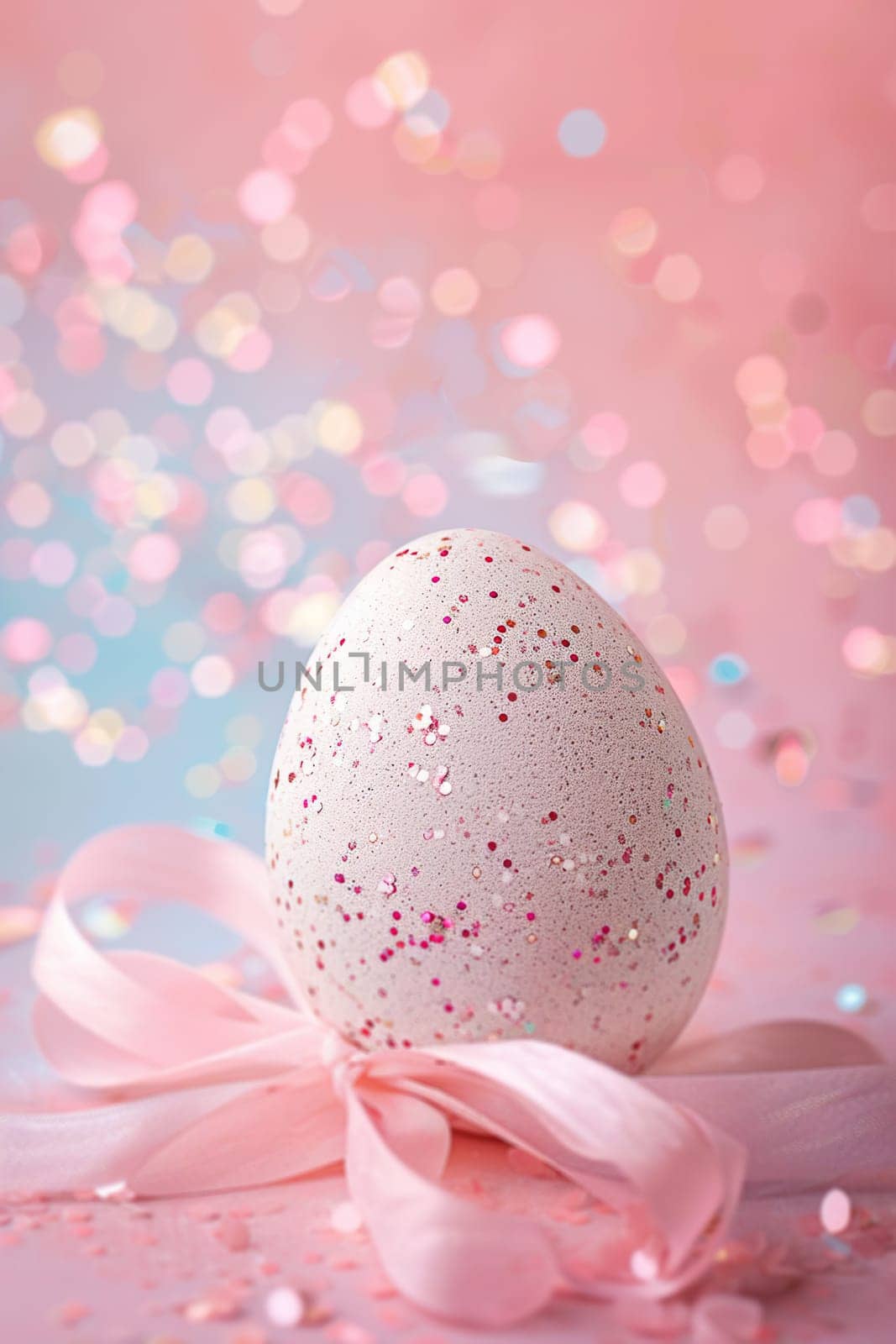 Enchanting Easter background with egg, ribbon, glitter and copy space for text. Soft pastel colors. Perfect for holiday-themed designs, greeting cards. Generative AI. by creativebird