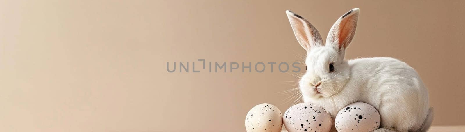 Natural Easter background with eggs, bunny and copy space for text. Soft, beige color. Perfect for spring themes, Easter content, and minimalist design projects. Greeting card. Banner. Generative AI