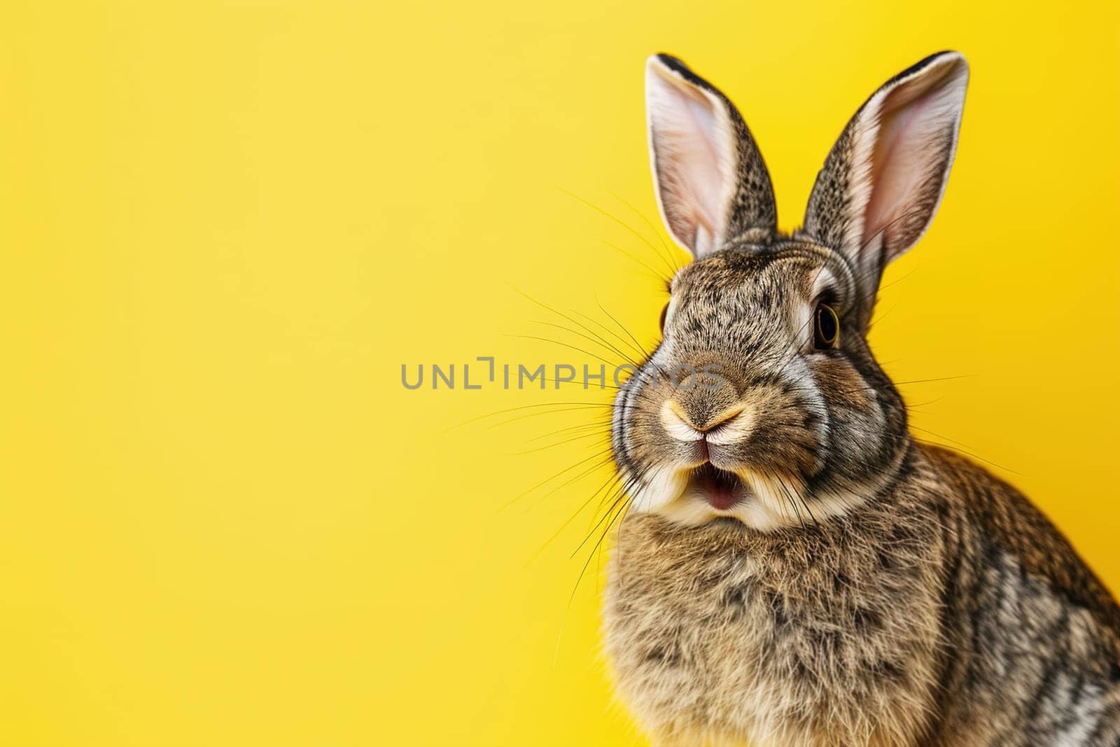 Surprised bunny against a vivid yellow background, perfect for Easter promotions, pet care advertising, or vibrant spring-themed graphics. Copy space for text. Easter sale, discount. Generative AI. by creativebird