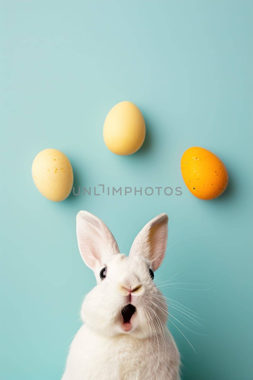 Surprised bunny against soft blue background, perfect for Easter promotions. Copy space for text. Easter sale, discount. Generative AI