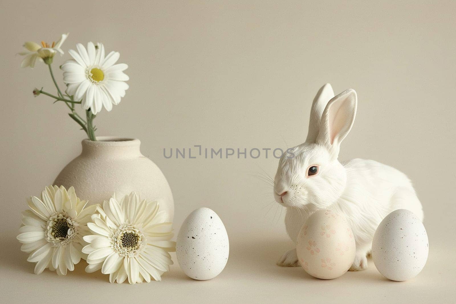 Natural Easter background with eggs, bunny, flowers and copy space for text. Soft, beige color. Perfect for spring themes, Easter content, and minimalist design projects. Greeting card. Generative AI. by creativebird