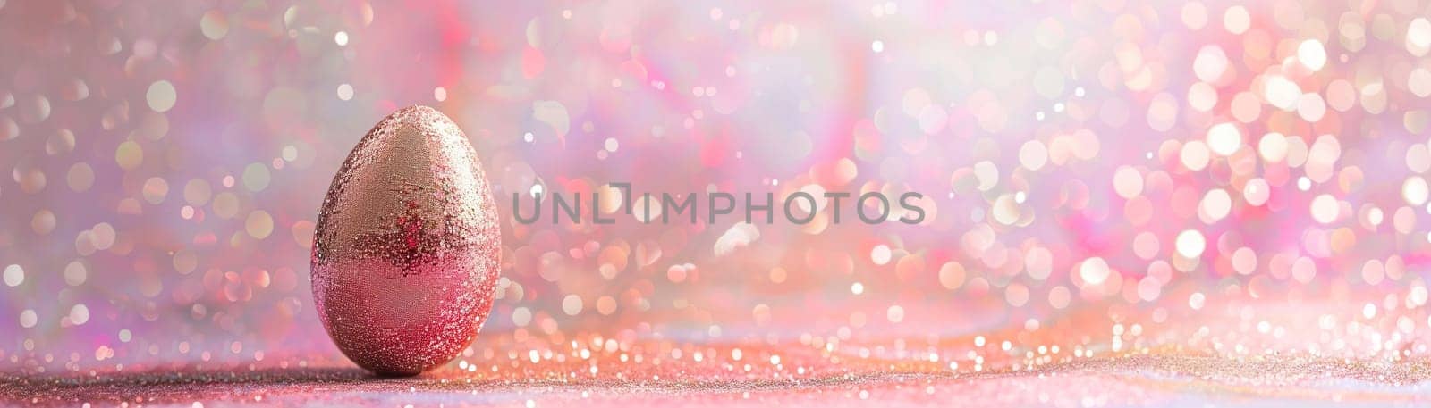 Enchanting Easter background with egg, glitter and copy space for text. Soft pastel colors. Perfect for holiday-themed designs, greeting cards. Panoramic banner. Generative AI