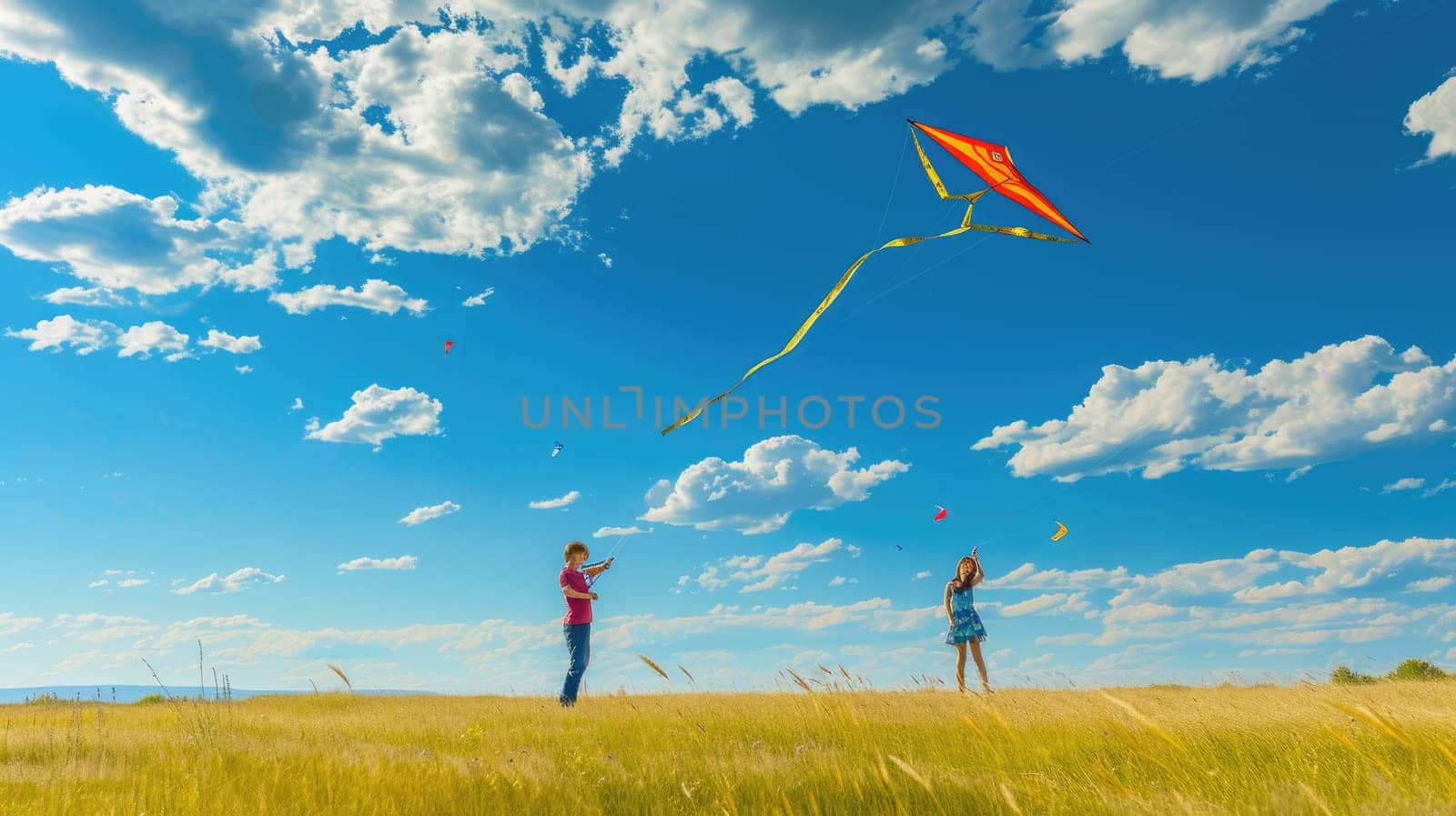 A group of people are flying kites in a grassy field under the azure sky with fluffy cumulus clouds floating in the atmosphere. AIG41