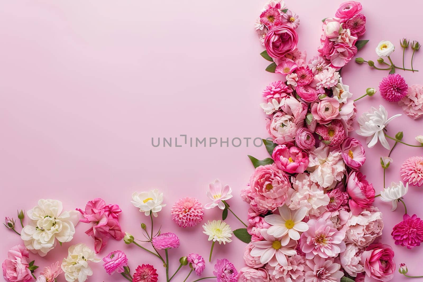 Pink Easter background with flowers, rabbit and copy space for text. Soft, pastel colors. Tranquil and joyful scene. Perfect for holiday-themed designs, greeting cards. Generative AI