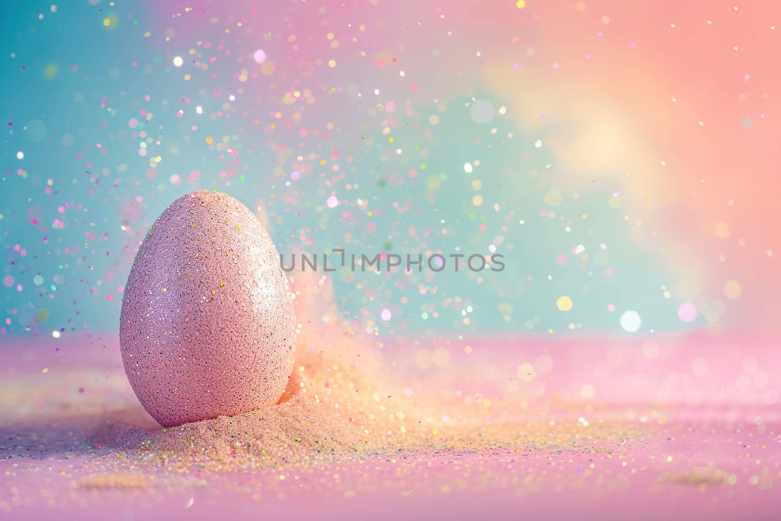 Sparkling Easter egg bursting with glitter against a dreamy pastel backdrop, ideal for festive Easter campaigns, greeting cards, or vibrant spring-themed designs. Empty space for text. Generative AI