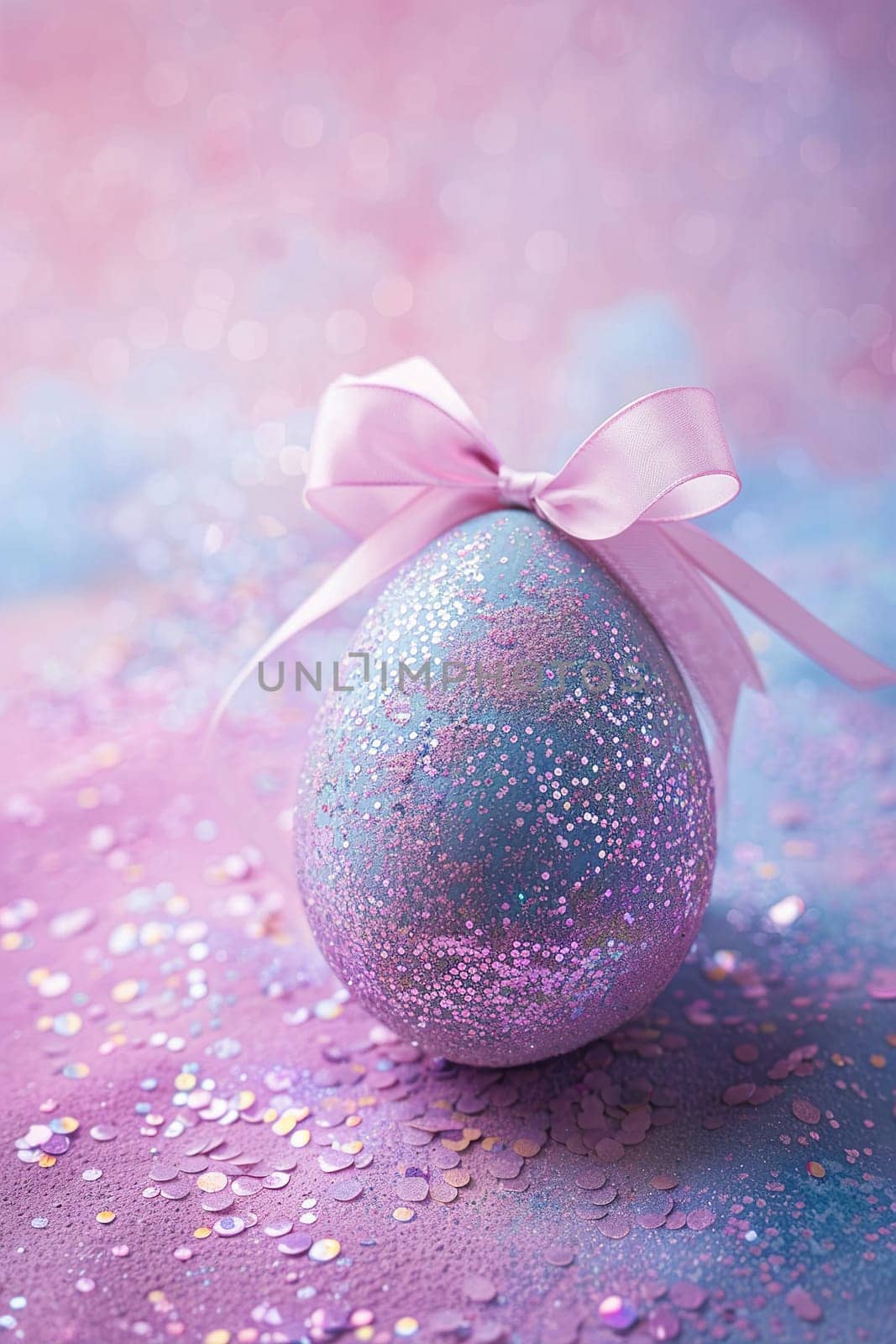 Enchanting Easter background with egg, ribbon, glitter and copy space for text. Soft pastel colors. Perfect for holiday-themed designs, greeting cards. Vertical format. Generative AI. by creativebird