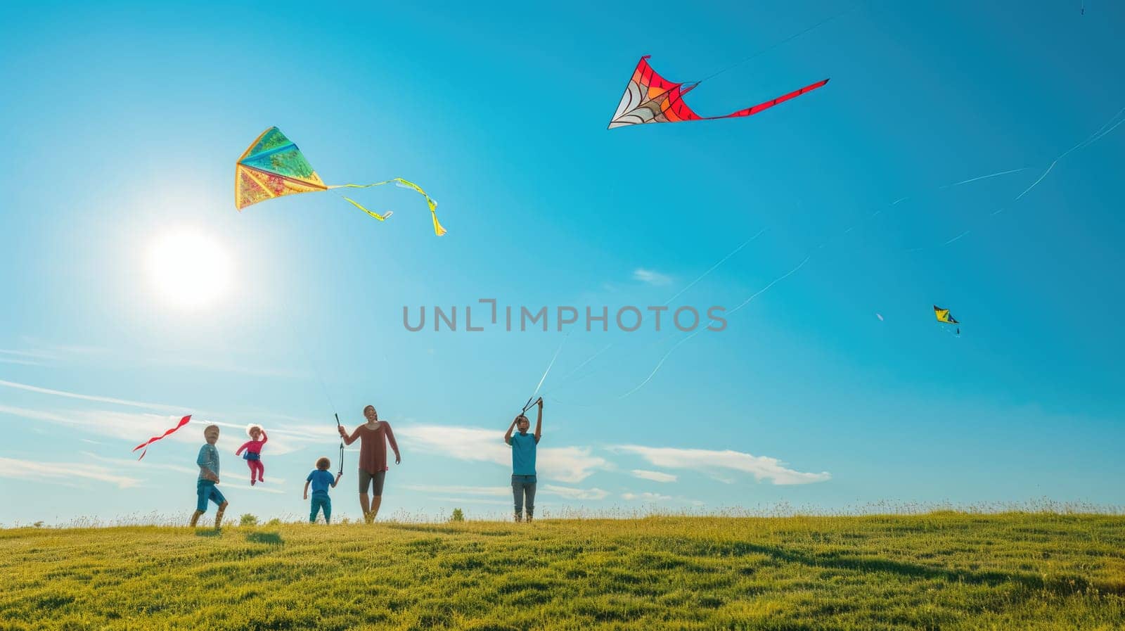 Happy people in nature flying kites beneath a scenic sky in a grassy landscape. AIG41 by biancoblue