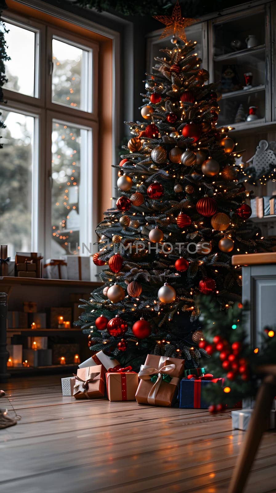 A Christmas tree with holiday ornaments stands in the living room, surrounded by gifts underneath. The evergreen tree complements the wooden interior design with festive Christmas decorations