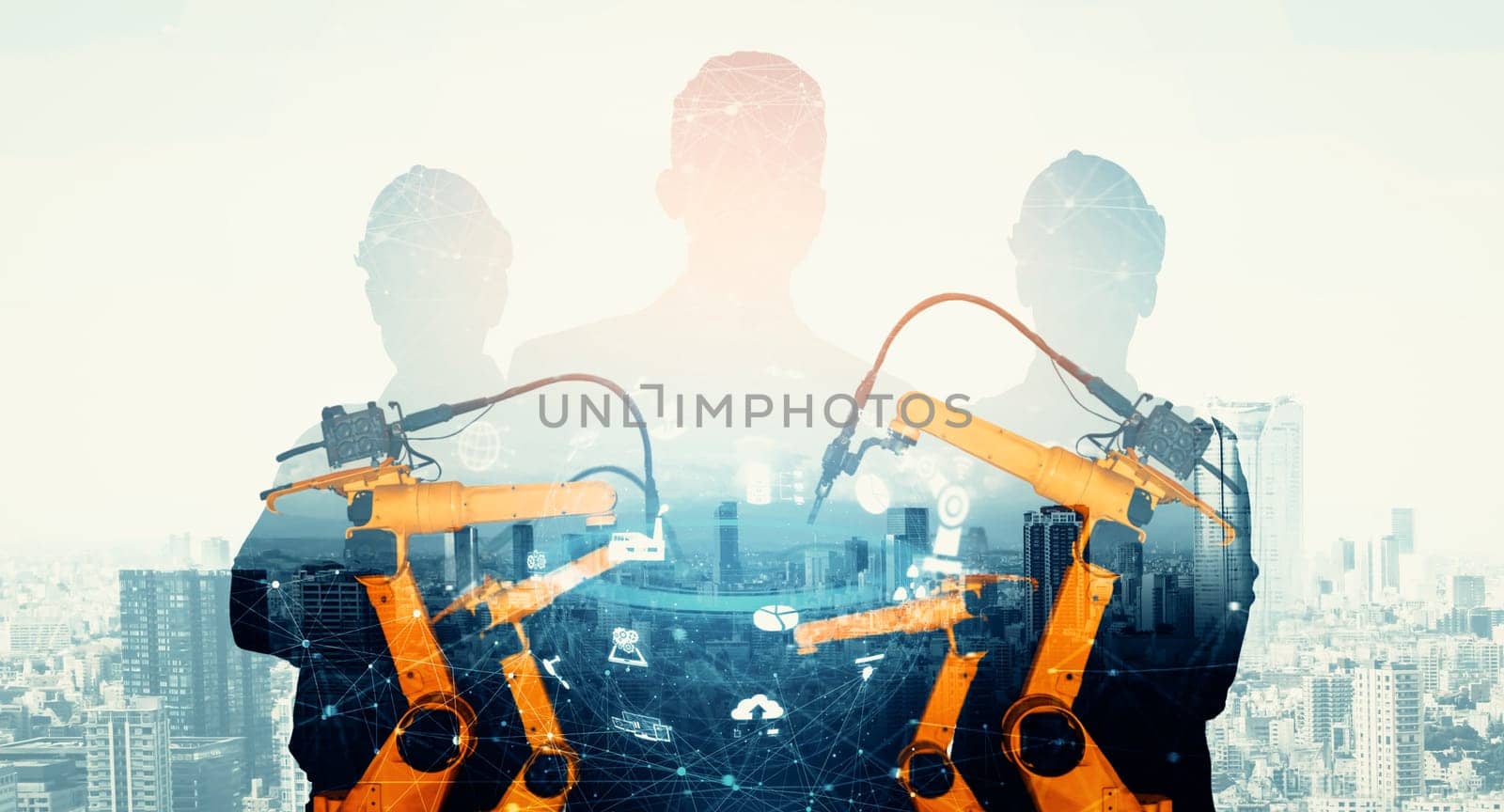 XAI Mechanized industry robot arm and factory worker double exposure by biancoblue