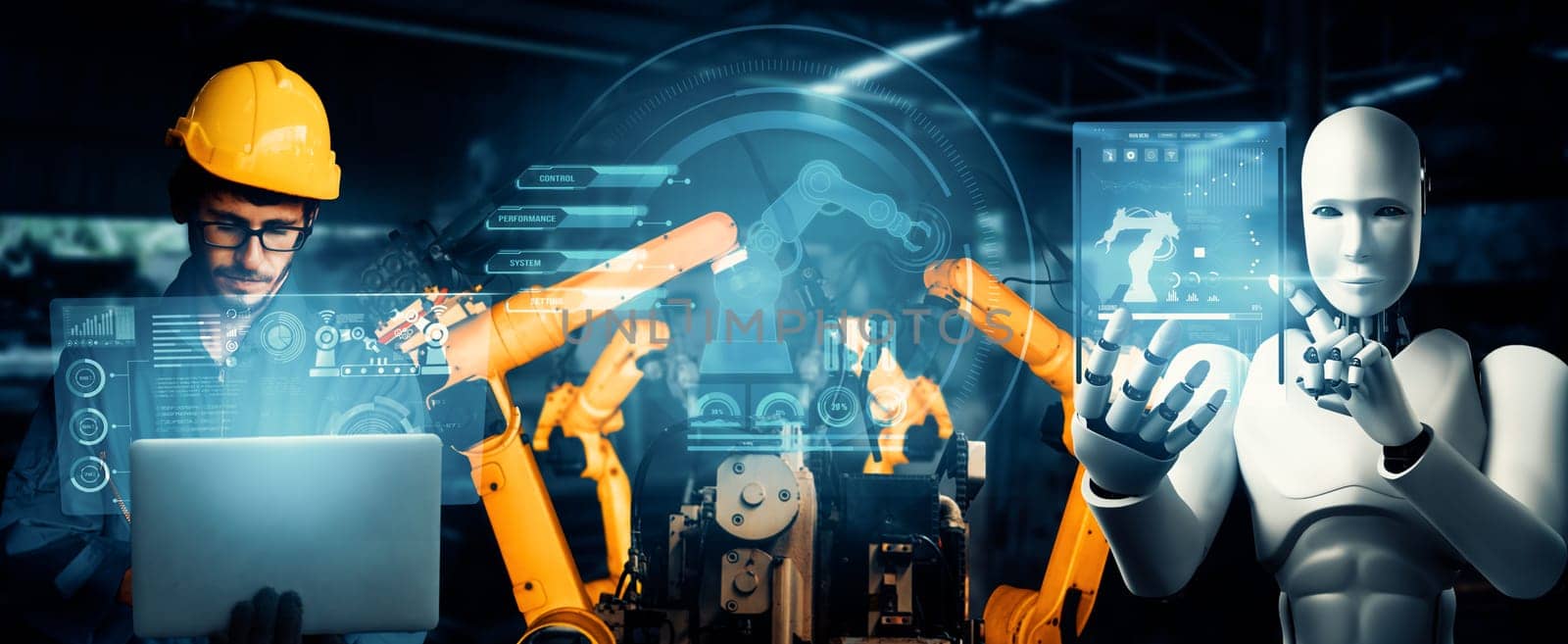 XAI Mechanized industry robot and human worker working together in future factory. Concept of artificial intelligence for industrial revolution and automation manufacturing process.