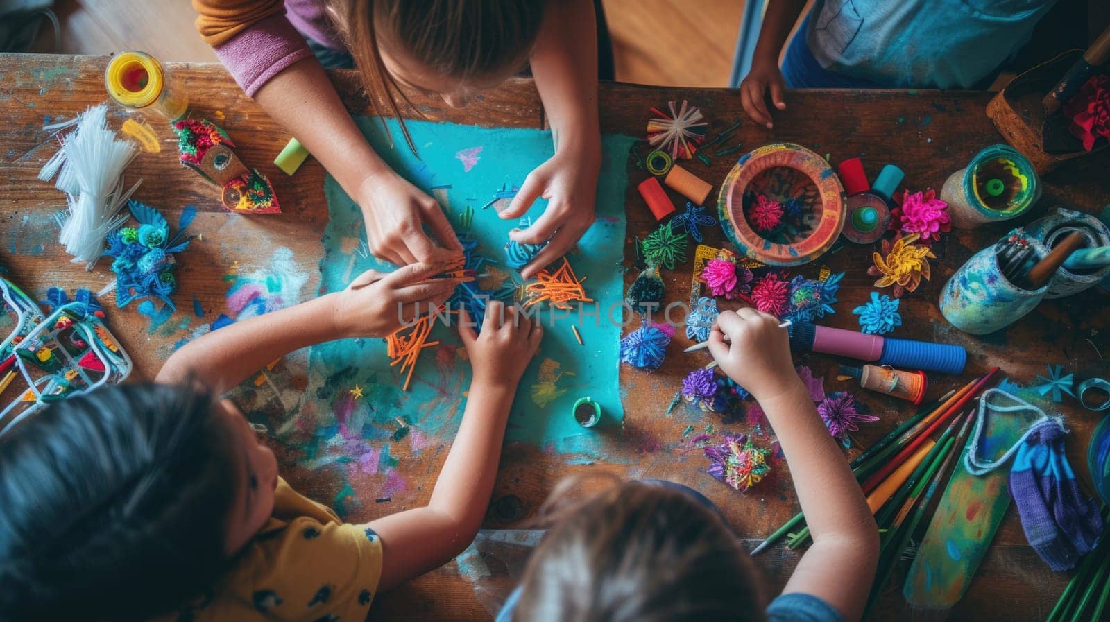 A family enjoys quality time together, engaging in arts and crafts at a colorful and messy home workstation, fostering creativity. AIG41