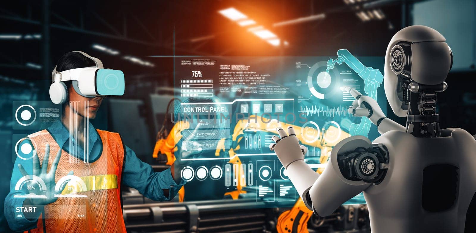 XAI Mechanized industry robot and human worker working together in future factory. Concept of artificial intelligence for industrial revolution and automation manufacturing process.