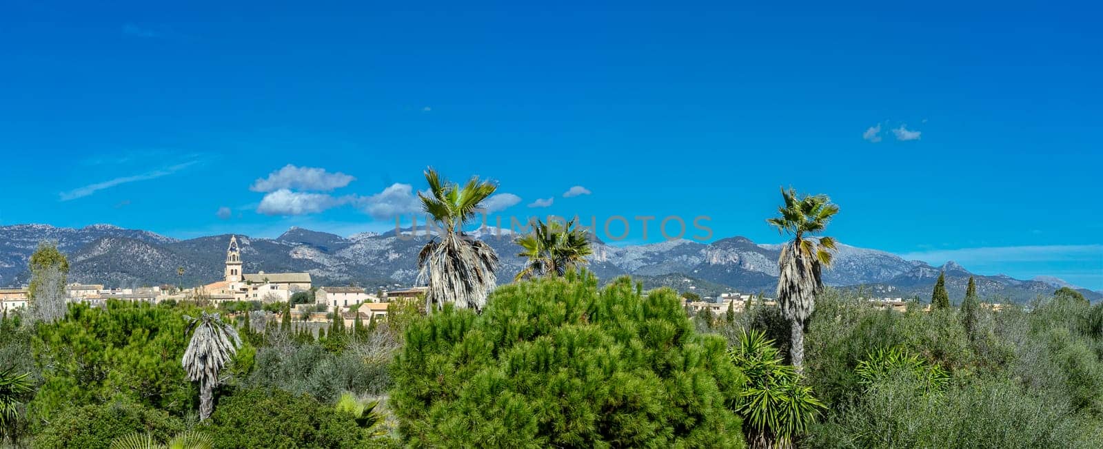 Expansive view of Consell village set against the stunning backdrop of the snow-capped Tramuntana.