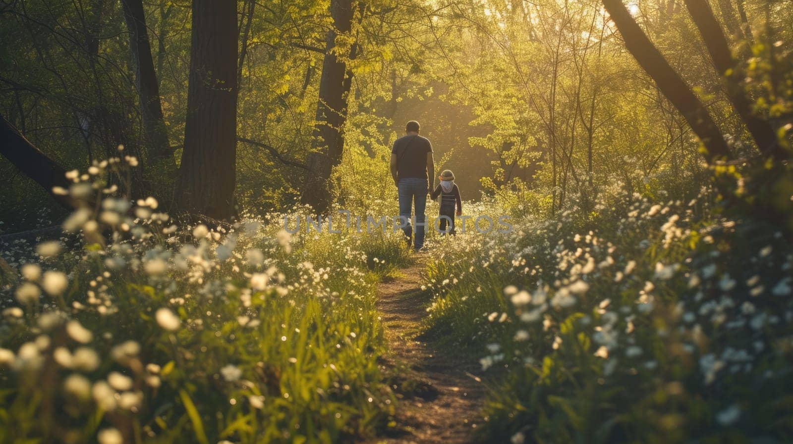 A woman and child stroll through a forest, hand in hand, amidst trees, plants, and natural woodland landscape. AIG41