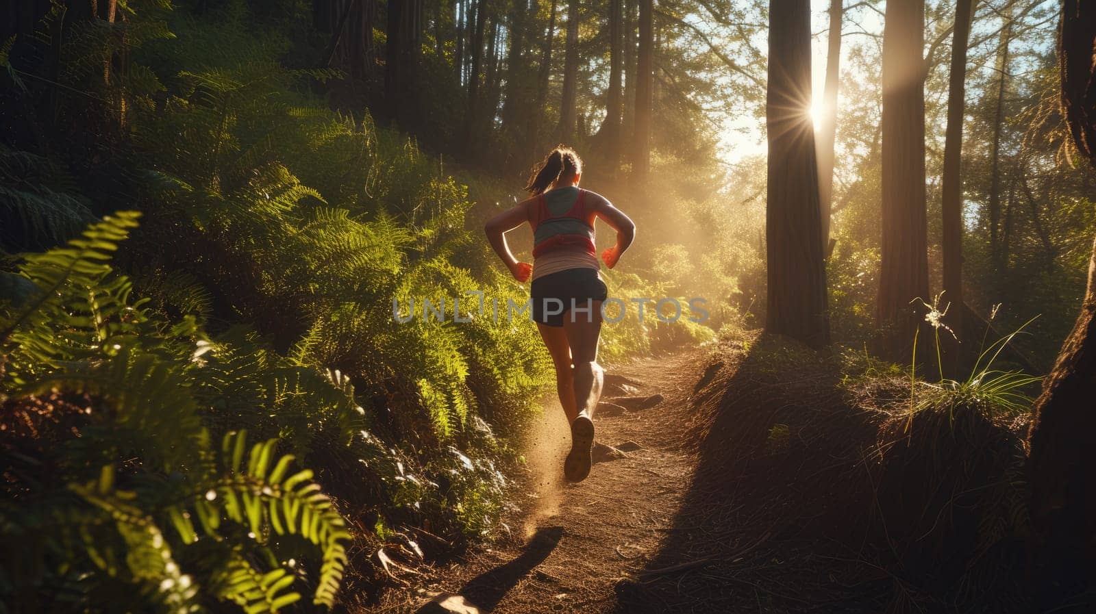 A woman wearing shorts is running through a forest trail surrounded by terrestrial plants, trees, and grass in a natural landscape. AIG41