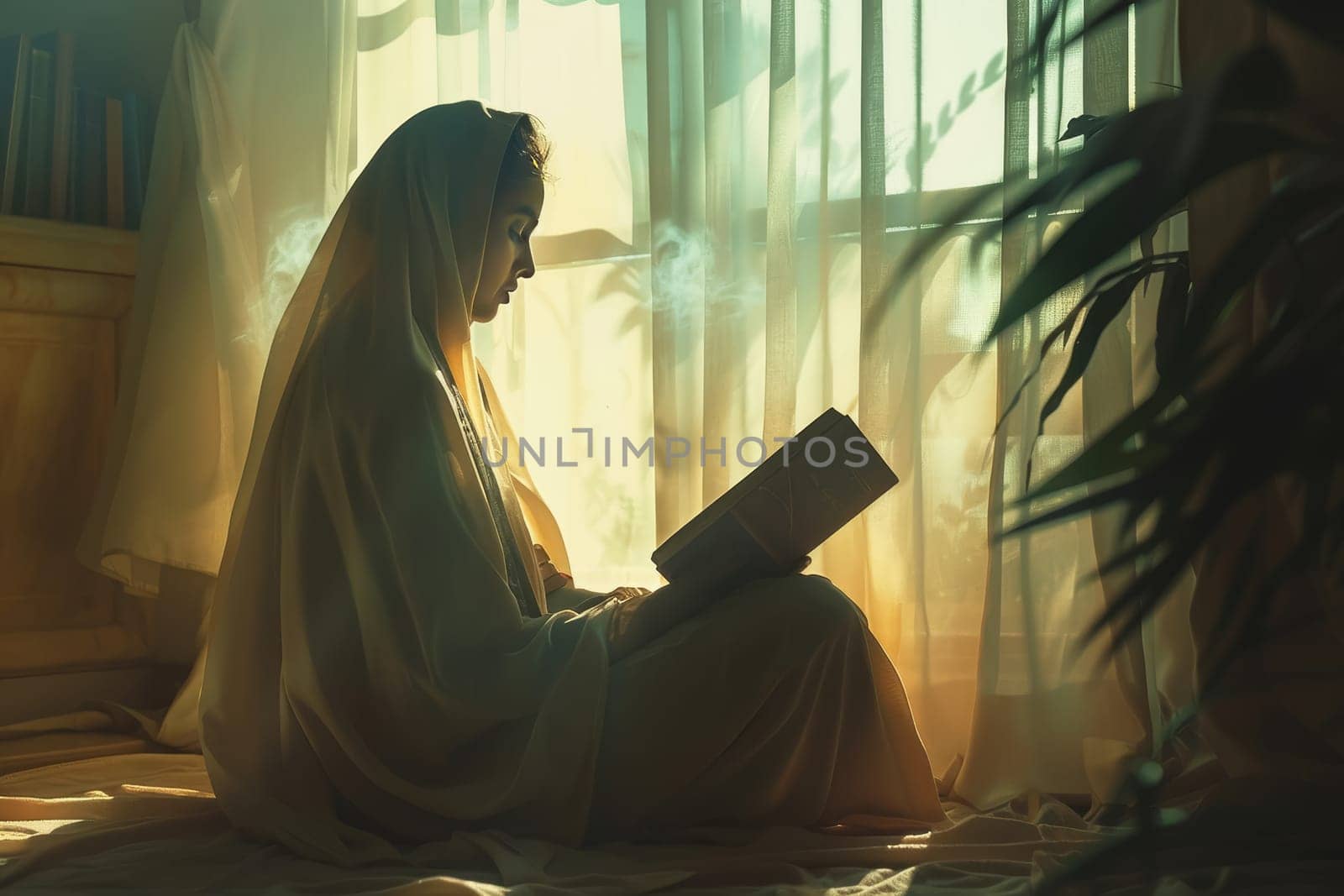 A woman in a hijab is immersed in reading a book, basked in the gentle morning sunlight. The room is a peaceful retreat, filled with lush greenery and the soft glow of daylight