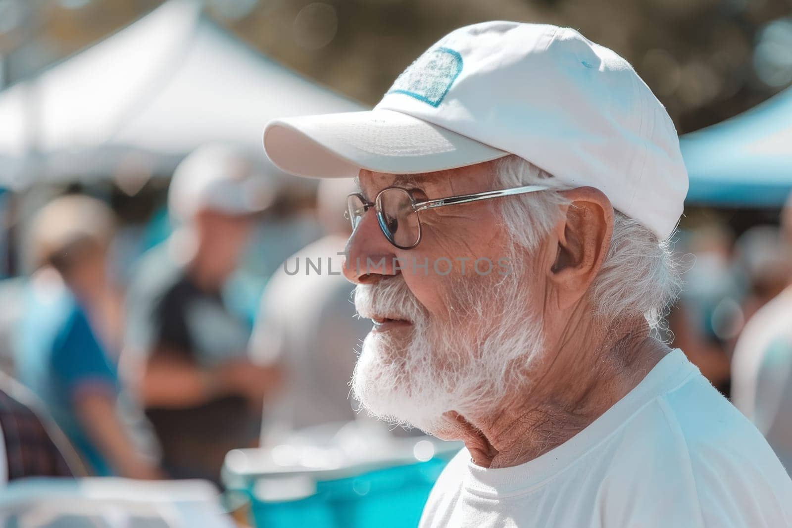 A senior man with Parkinson's shows a gentle smile while volunteering, embodying the spirit of community service. His presence is a testament to the positive impact of active participation at any age