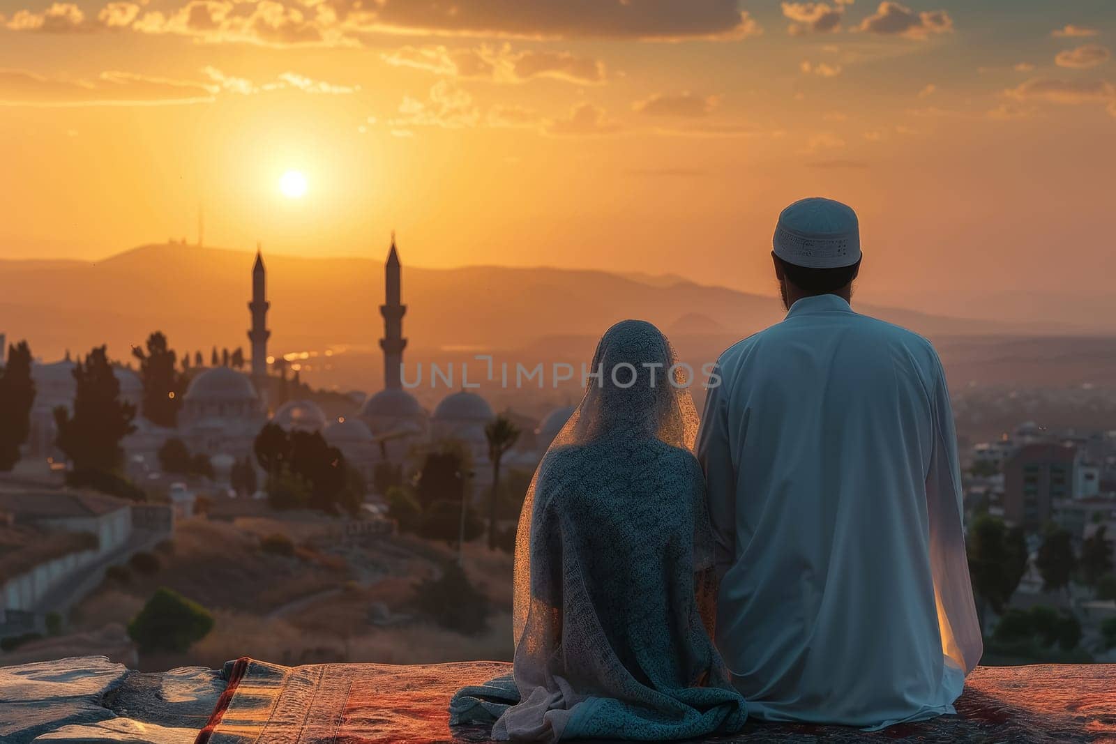 Two individuals sit side by side, overlooking a cityscape at sunset. The serene scene captures a moment of peaceful reflection against a backdrop of distant minarets.