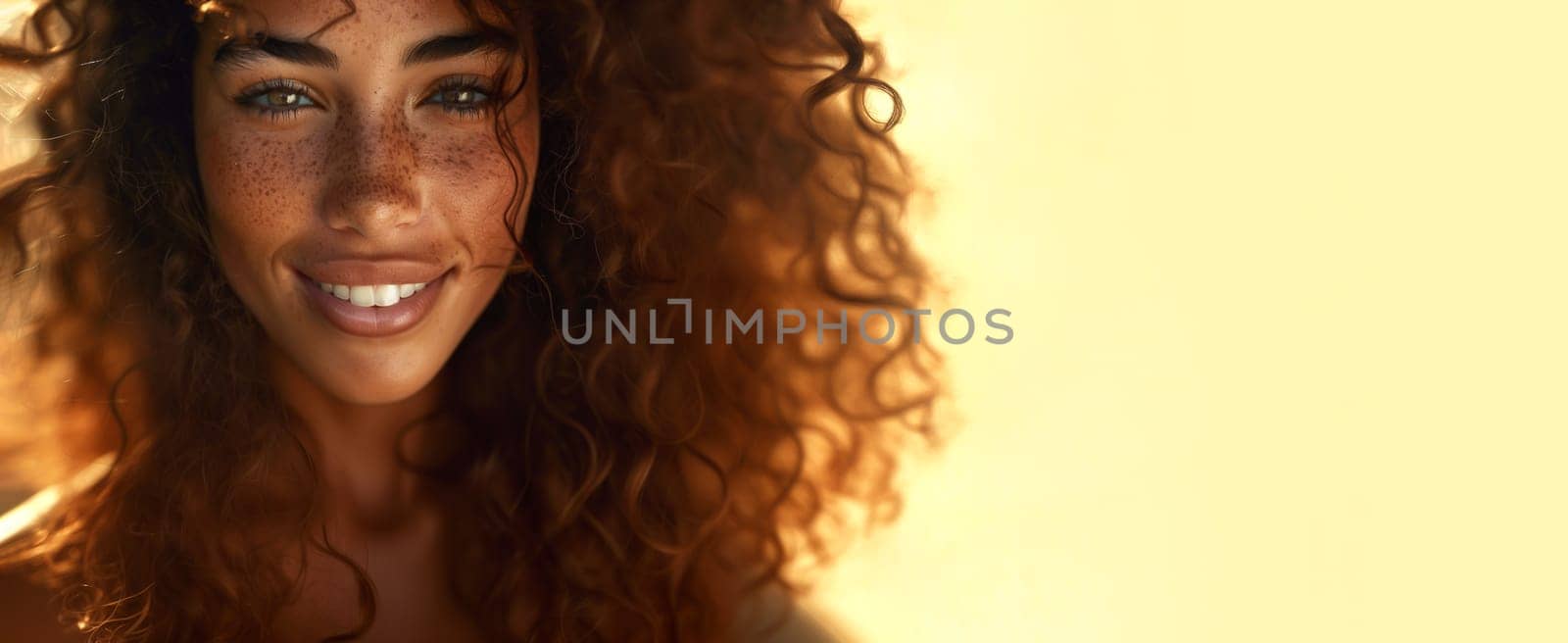 Design Portrait of Beautiful Charming Young Girl with Teeth Smile, Tanned Shiny Skin, Green Eyes, Freckles, Brown Lush Curly Hair on Yellow Background, Space for Text. AI Generated. Horizontal Mockup by netatsi
