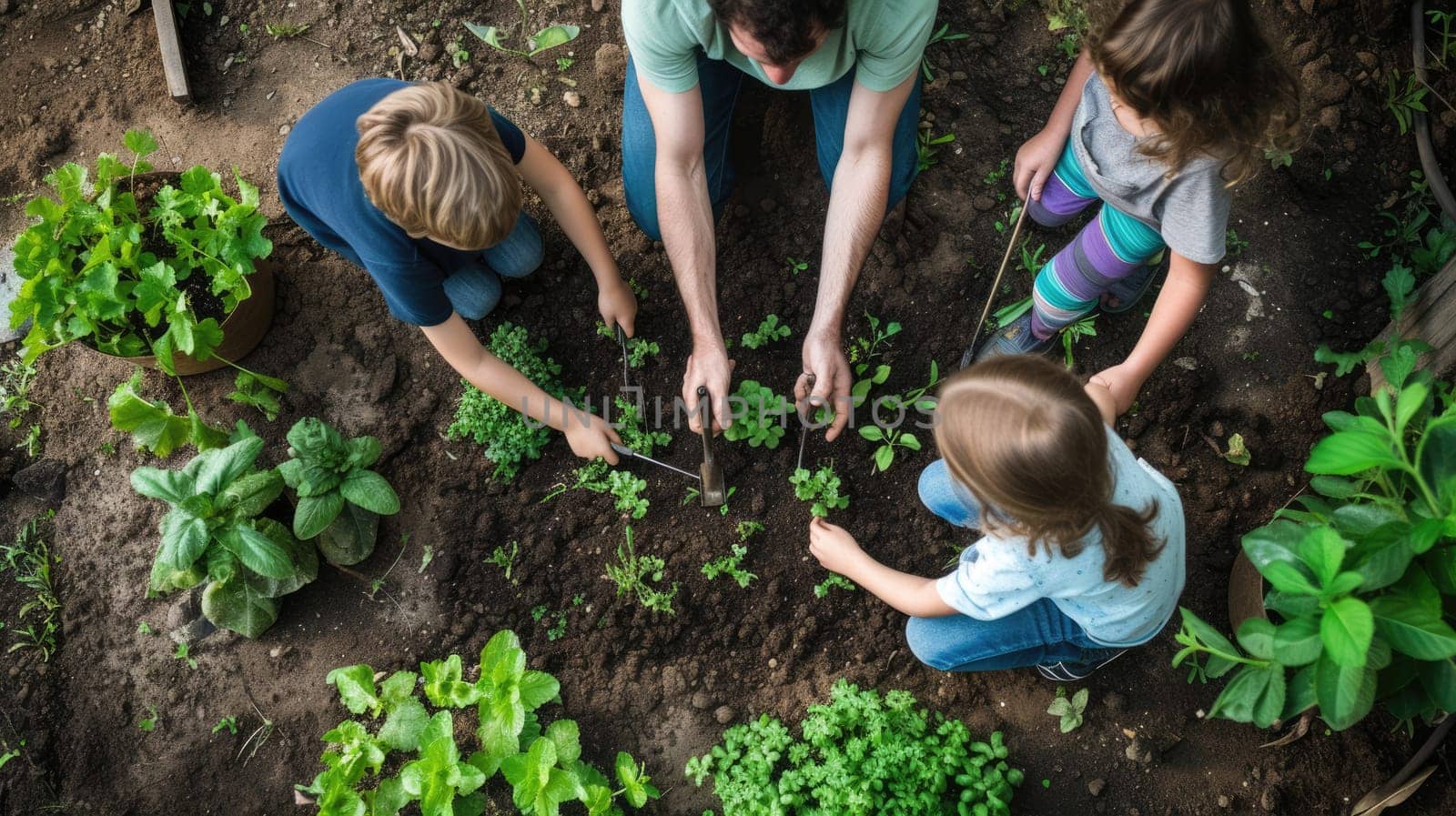 A woman and girls are leisurely planting hair, plants, and houseplants in flowerpots on the grassy garden, sharing the joy of terrestrial plant adaptation. AIG41