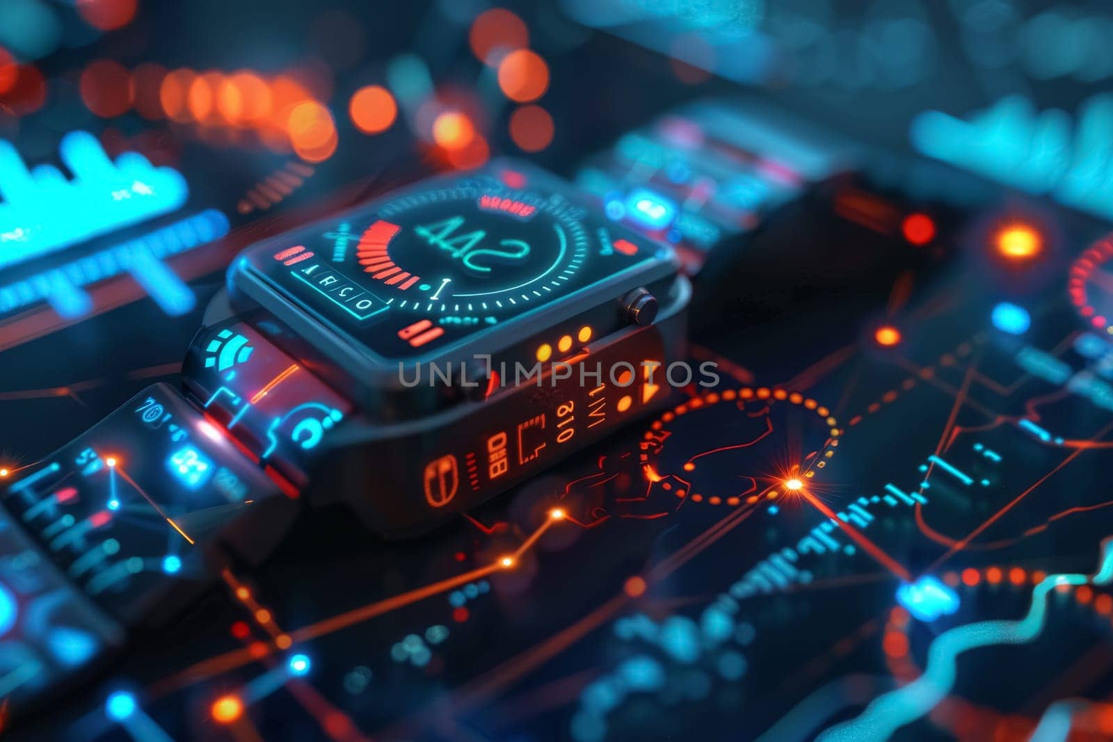 An intricate wearable device showcases futuristic design and cutting-edge health monitoring capabilities. The image highlights technology's progression towards seamless integration with daily life