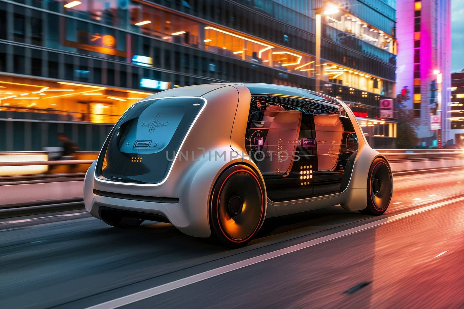 A futuristic autonomous car navigates through the bustling city streets at twilight, showcasing cutting-edge technology in urban transportation. The car's sleek design and illuminated panels highlight the blend of innovation and style