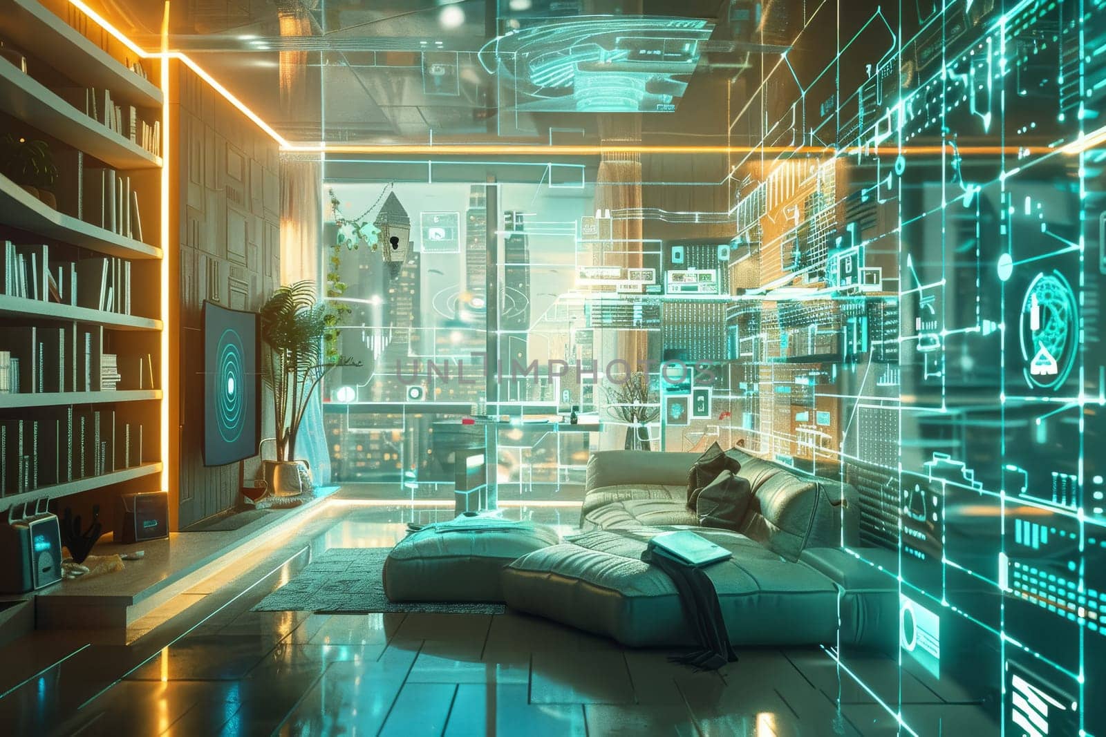 This image showcases a sophisticated, futuristic smart home interior with interactive holographic displays overlaying a cozy living space. Innovative technology seamlessly integrates into daily life.