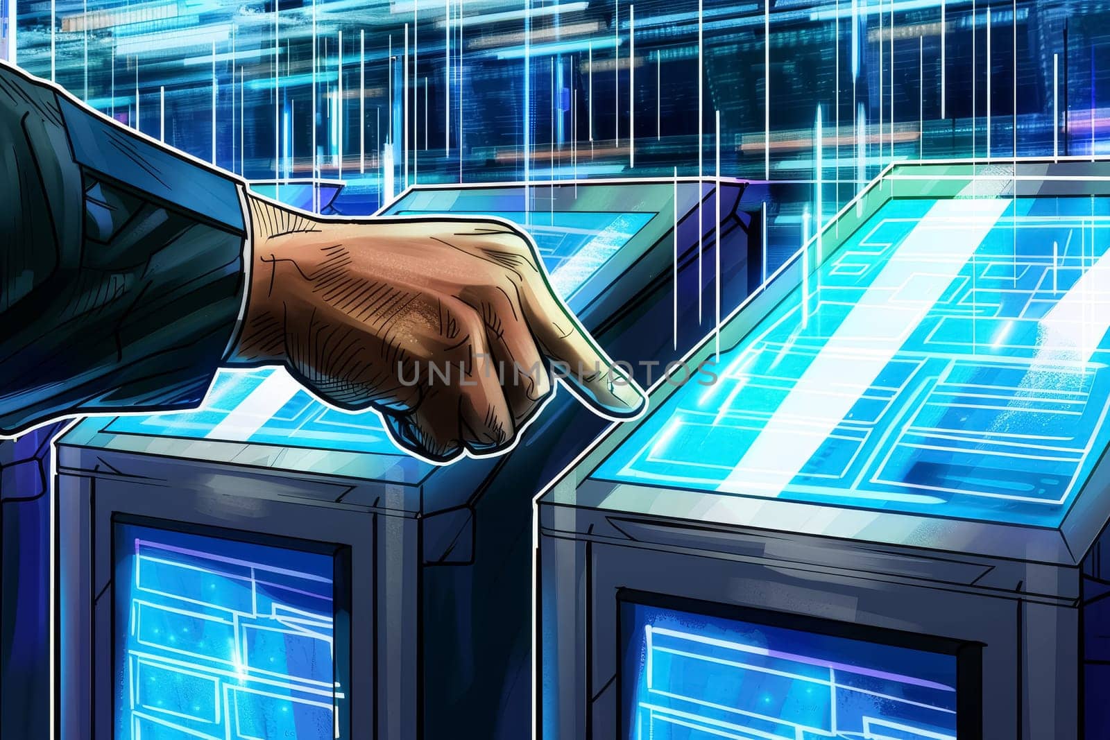An artistic representation of a digital handshake symbolizes trust and security in a modern digital voting system, set against a backdrop of high-tech circuitry.