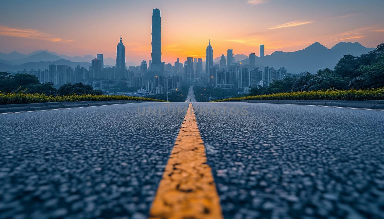 The perspective of the road against the background of sunset and the cityscape. High quality photo