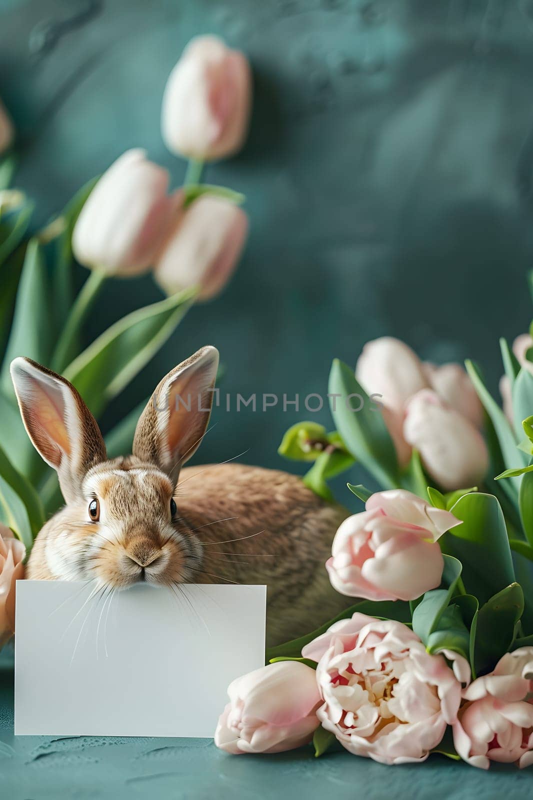 A rabbit is holding a white card in front of colorful flowers, creating a picturesque scene of nature and art blending together in a whimsical event