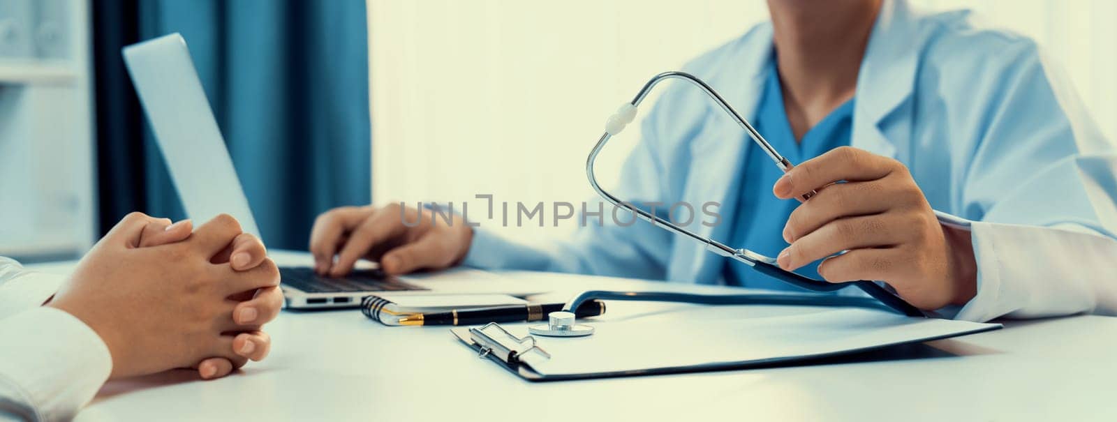 Patient attend doctor's appointment at clinic or hospital office, discussing medical treatment options and explaining examination results or medical record about sickness. Panorama Rigid