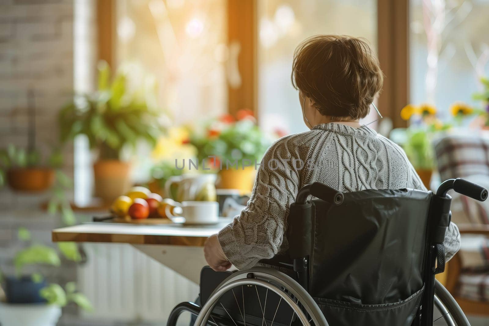 A person with Parkinson's is shown utilizing a wheelchair, highlighting independence and adaptive living solutions. The indoor setting suggests a comfortable and supportive home environment