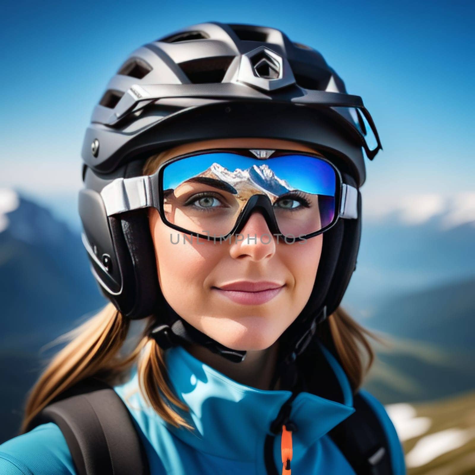 Woman wearing helmet and sunglasses glasses stands confidently before towering mountain backdrop ready for adventure, exploration.She may be gearing up for bicycle ride or some other outdoor activity. by Angelsmoon