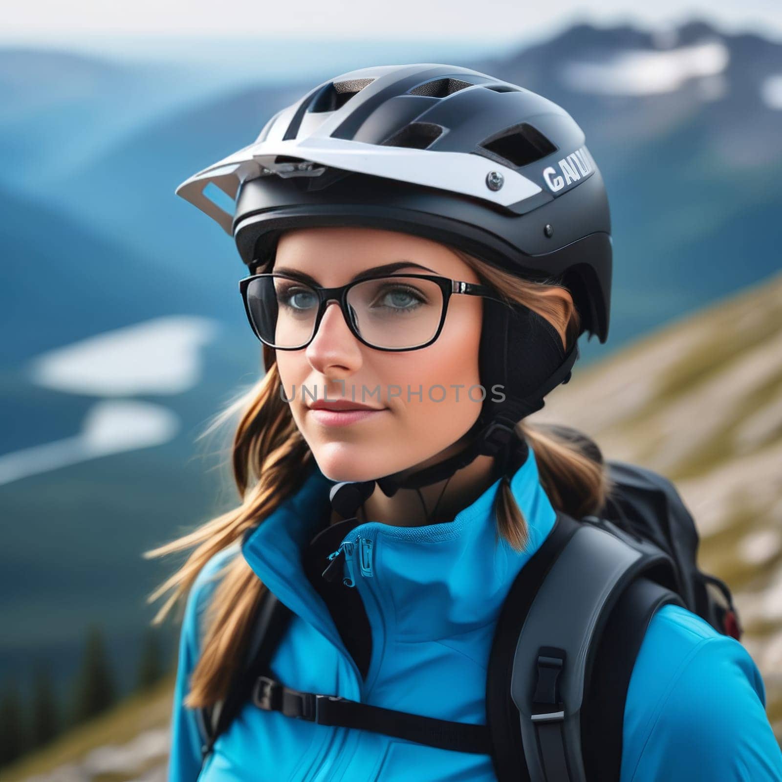 Woman wearing helmet and glasses stands confidently before towering mountain backdrop ready for adventure and exploration.She may be gearing up for bicycle ride or some other outdoor activity. by Angelsmoon