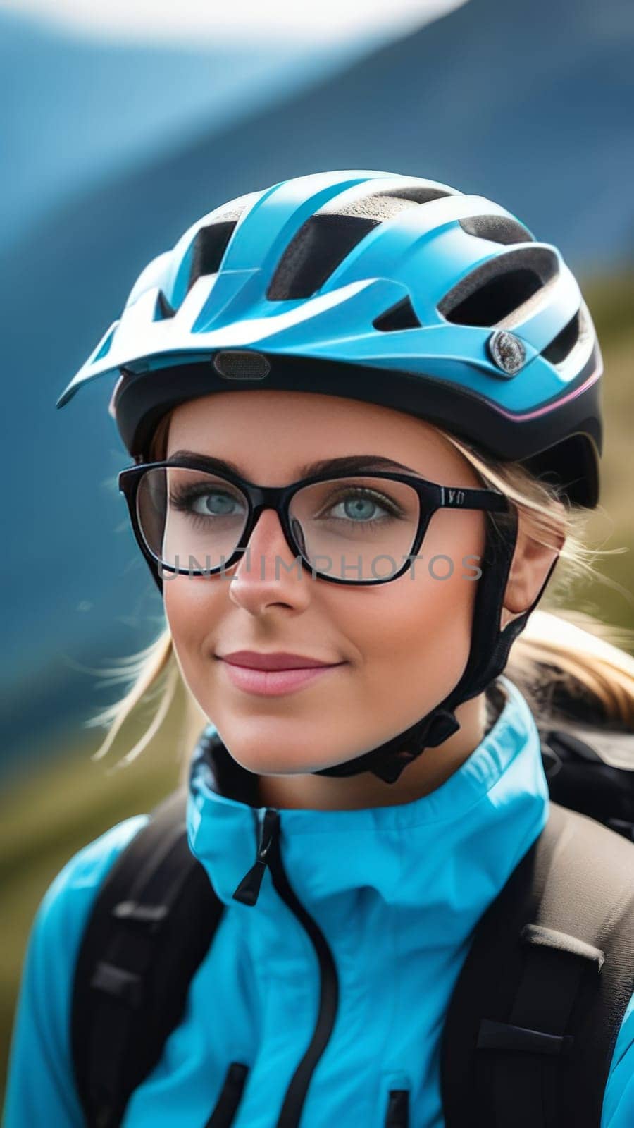 Woman wearing helmet and glasses stands confidently before towering mountain backdrop ready for adventure and exploration. She may be gearing up for bicycle ride or some other outdoor activity