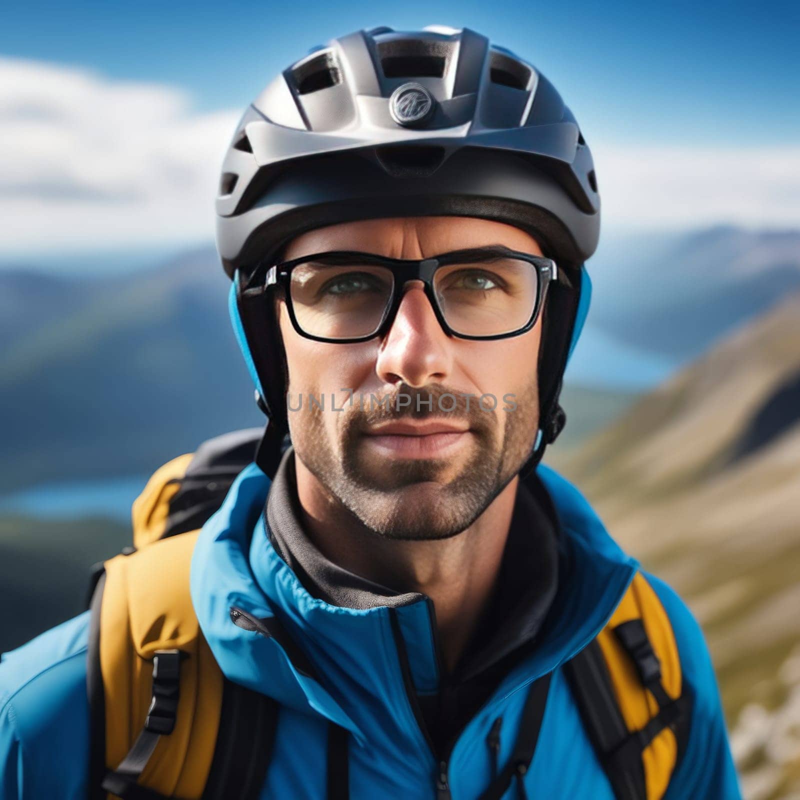 Man wearing helmet and glasses stands confidently before towering mountain backdrop ready for adventure and exploration. He may be gearing up for bicycle ride or some other outdoor activity